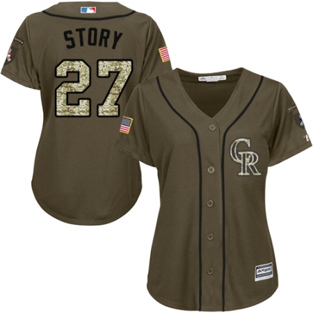 Women's Majestic Colorado Rockies #27 Trevor Story Authentic Green Salute to Service MLB Jersey